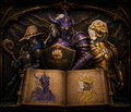 A small, low-resolution illustration appearing to show fantasy characters gathered around an open book with illustrations on its pages.