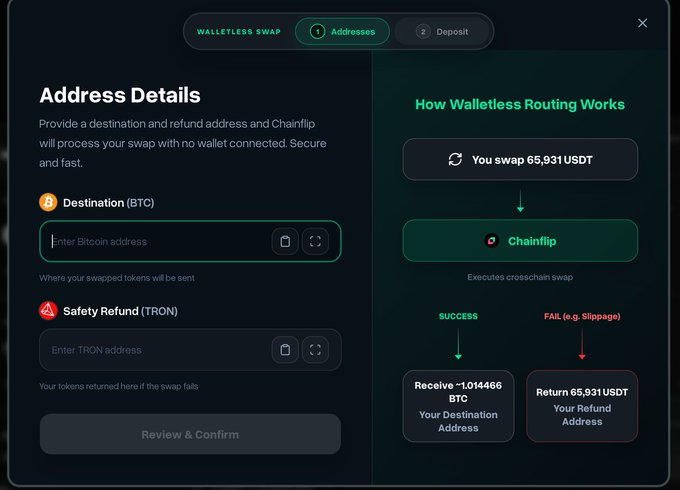 A screenshot of a Chainflip Walletless Swap interface showing Address Details for swapping 65,931 USDT with BTC destination and TRON safety refund address fields.