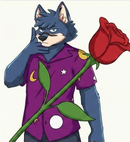 A cartoon illustration of an anthropomorphic blue wolf wearing a purple shirt with celestial designs (moon, star, circle), touching its chin thoughtfully while holding a red rose.