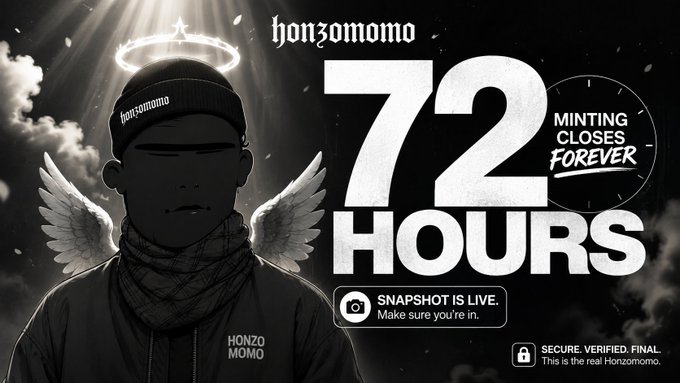 A promotional graphic features the text 'honzomomo' and '72 HOURS - MINTING CLOSES FOREVER' with an illustration of an anime-style character with angel wings and a halo wearing a beanie labeled 'honzomomo'.