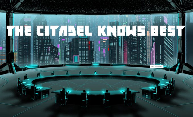 Futuristic council chamber with figures seated around a circular table overlooking a neon cityscape, overlaid with bold text reading 'THE CITADEL KNOWS BEST'.