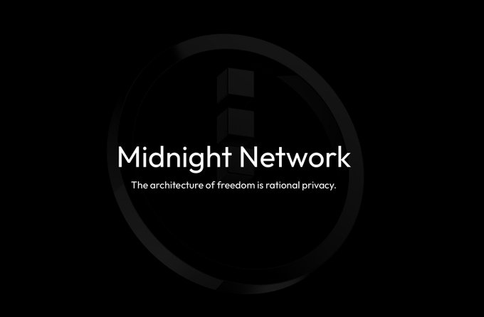 A black screen shows a faint circular logo and white text reading "Midnight Network" with the tagline "The architecture of freedom is rational privacy."