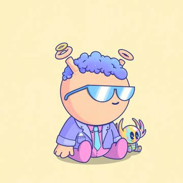 A cute cartoon character with blue curly hair, sunglasses, a halo, and a purple outfit, sitting next to a small yellow bird-like creature.