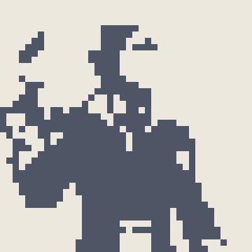 A pixelated, dark blue silhouette of a character appears against a white background.