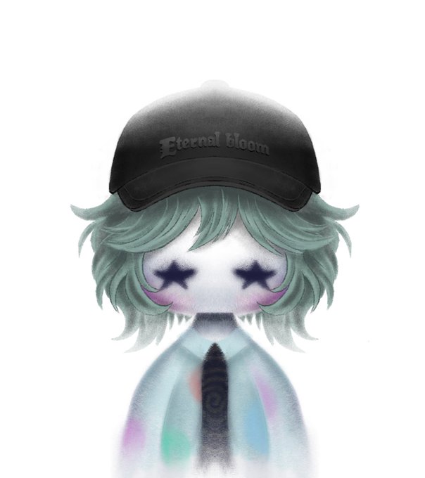 A stylized character with mint-green hair, starry eyes, and a black cap reading "Eternal Bloom" wears a white hoodie and dark tie against a misty background, matching the post's cryptic teaser about an upcoming NFT reveal tied to holding "Eternal Bloom" collectibles.