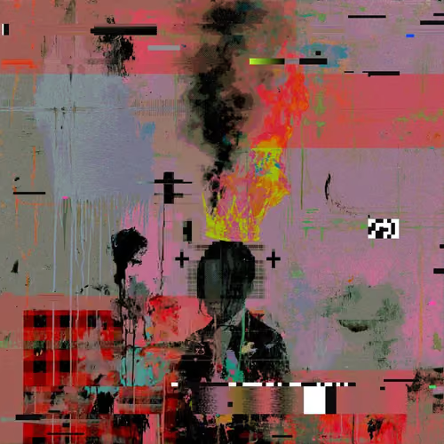 A heavily distorted, glitch-art style image featuring abstract shapes, black ink splatters, and a silhouetted figure in the center against a backdrop of pink, red, and grey hues.