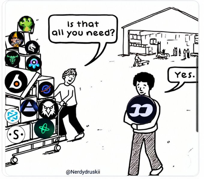 A black-and-white cartoon by @Nerdydruskii showing one man with a cart full of cryptocurrency logos asking 'Is that all you need?' while another man holds a single Dash coin and replies 'Yes.'