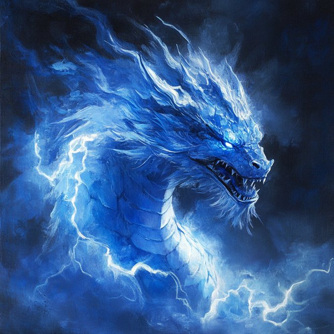 A fantasy illustration of a blue dragon surrounded by electric blue flames and lightning, with glowing blue eyes and detailed scales against a dark background.