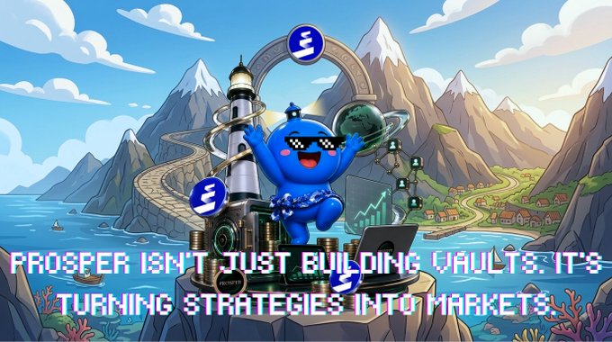 Promotional graphic featuring a blue mascot character in sunglasses standing on stacked coins with ETH logos, with the text 'PROSPER ISN'T JUST BUILDING VAULTS. IT'S TURNING STRATEGIES INTO MARKETS.'