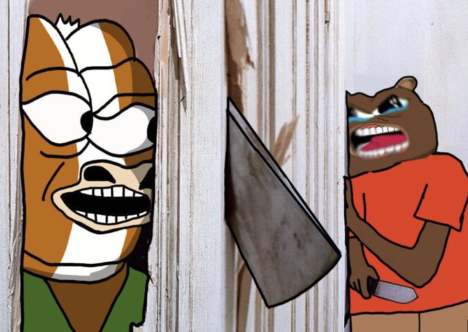 A cartoon meme showing an angry-looking dog character bursting through a wall with an axe while another character with a wide grin watches from a doorway.