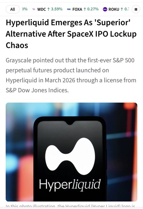 The image shows a cell phone with the Hyper Liquid logo displayed on its screen, along with some text that reads "Hyper liquid emerges as 'superior' alternative after Spacex IPO lockup Chaos". The background of the image features a cityscape with buildings in shades of orange and blue.