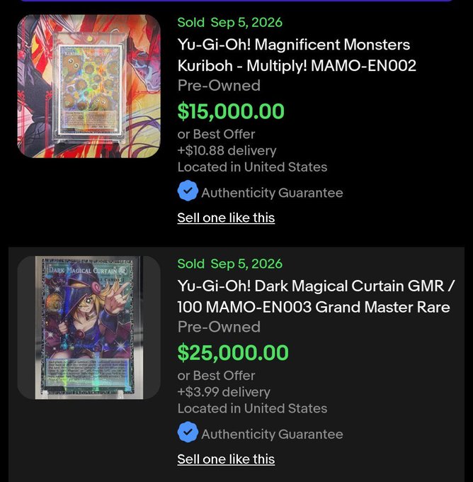 An eBay listings screenshot showing sold Yu-Gi-Oh! cards: a 'Magnificent Monsters Kuriboh - Multiply! MAMO-EN002' for $15,000.00 and a 'Dark Magical Curtain GMR / 100 MAMO-EN003 Grand Master Rare' for $25,000.00, both sold on Sep 5, 2026.