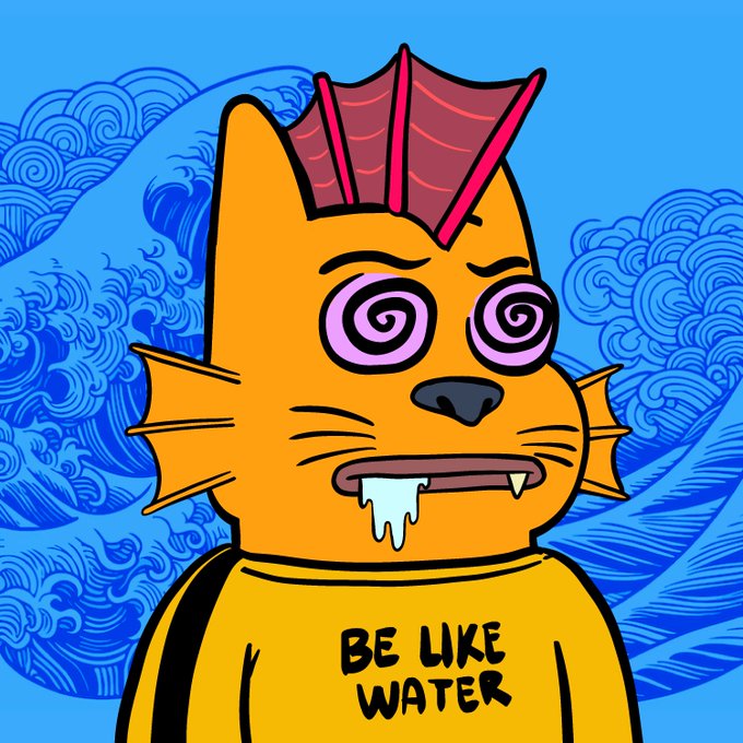 A cartoon illustration of an orange cat-like character with spiral eyes, drooling mouth, and mohawk wearing a yellow shirt that reads 'BE LIKE WATER' against a wave-patterned background.