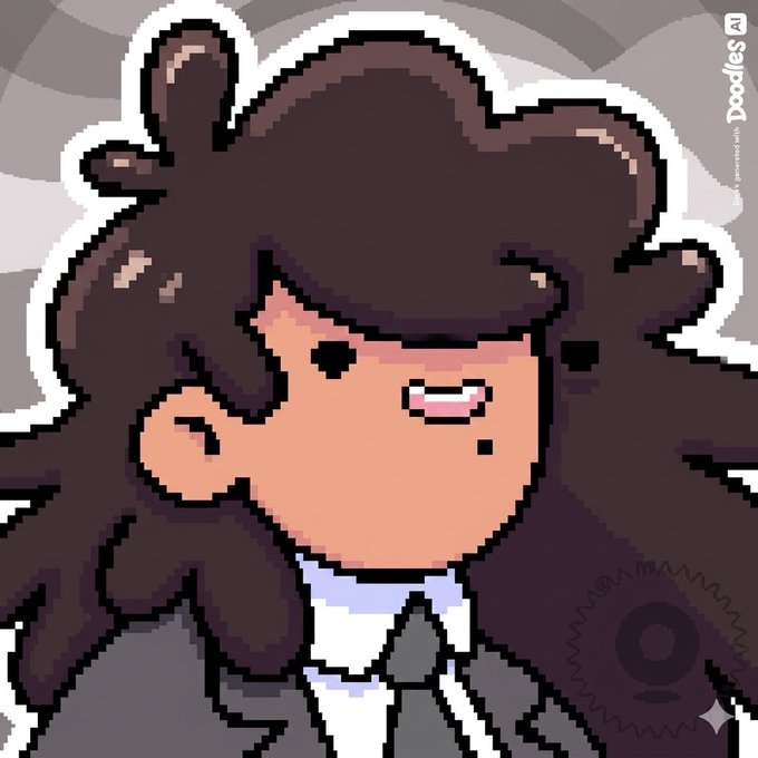 Pixel-art style illustration of a girl with brown hair in pigtails wearing a suit and tie, with a 'Doodles' watermark in the corner.