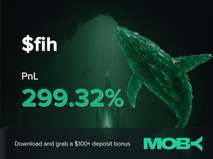 The image features a dark underwater scene with a whale, overlaid with the text "$fih PnL 299.32%" and a promotional message from Moby offering a "$100+ deposit bonus" with the MOBX logo, highlighting the trader's win alert of a +299.32% profit on $fih.
