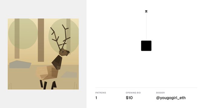 An NFT auction listing showing a minimalist geometric deer artwork in a forest, with 1 patron, an opening bid of $10, and a bidder @yougogirl_eth.