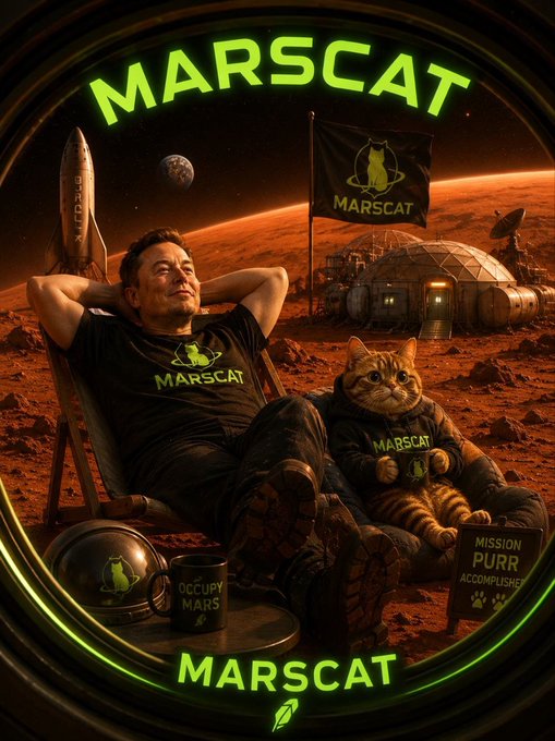 A humorous retro-futuristic “MARSCAT” poster shows Elon Musk lounging in a Martian chair beside an anthropomorphic cat, with a Mars habitat, rocket, and “MARSCAT” branding in neon green.
