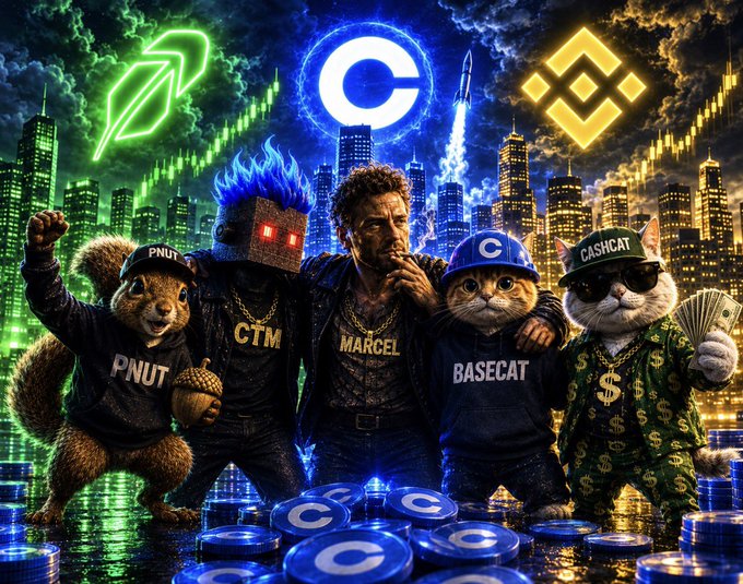 The image depicts five characters posing together against a neon-lit cityscape with rising rocket charts and crypto logos (Solana, Coinbase, Binance), featuring characters labeled "PNUT," "CTM," "MARCEL," "BASECAT," and "CASHCAT" holding an acorn and cash, surrounded by blue "C" tokens—visually representing the post's message about early conviction in $PNUT (the squirrel) and $CASHCAT (the cat in green) before their major exchange listings.