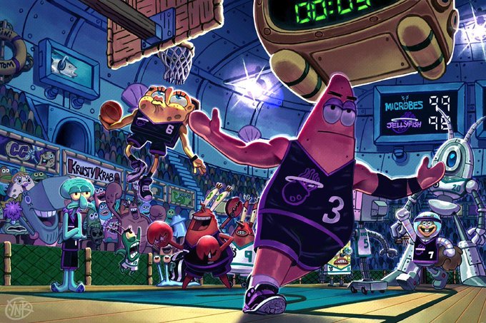 A vibrant cartoon illustration depicts a basketball game in an underwater arena, with SpongeBob characters playing, including a large starfish player wearing jersey number 3 and a scoreboard showing "MICROBES 99" and "JELLYFISH 99".