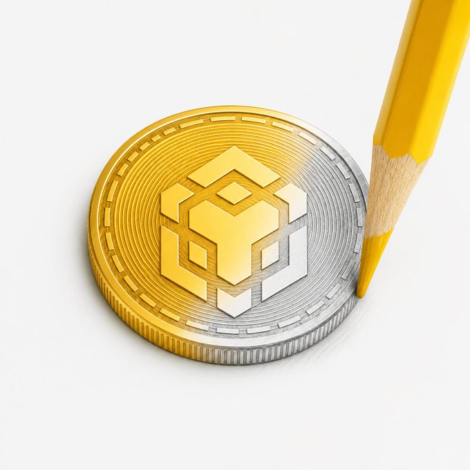 A gold and silver coin featuring a geometric cube-like emblem rests beside a yellow pencil, symbolizing the auspicious start where putting pen to paper invites prosperity and smooth outcomes.