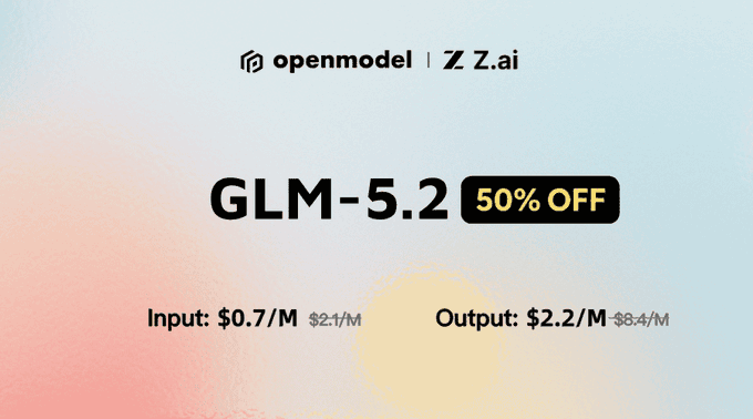 A poster with a picture of the sun and text that says "openmodel glm-5.2 half price for 7 days - 50% OFF! OpenModel Limited-Time Promo: → Input: $0.70 / M tokens → output: $2.20 / M tokens → Cache Read: $0.13 / M tokens Best open coding/agent model at half the usual price. Don't miss out". The image is related to the post because it features a sun, which represents energy and creativity in the context of an online promotion for a product named "glm-5.2".
