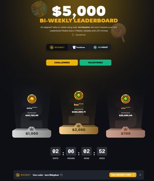 A screenshot of a website that shows "2 days left on the $5,000 @Roobet Leaderboard! Leaderboard resets every 2 weeks Don'T forget to claim your stackable wager milestones before it ends". It appears to be a leaderboard for stacking games or challenges with three different levels and descriptions. The post is encouraging, giving away a chance to win some money if players participate in the challenge on time. It also seems to link back to the original image of the poster where people are playing these games, which was then posted by RoobetLeaderboard.com as a leaderboard for these games.