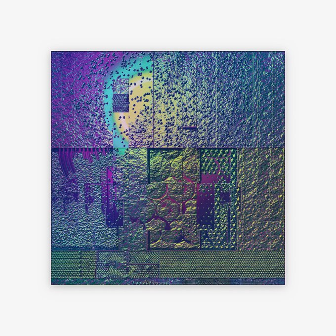 A digital artwork featuring a colorful, glitch-art style composition with vibrant purple, blue, and yellow hues and textured patterns.