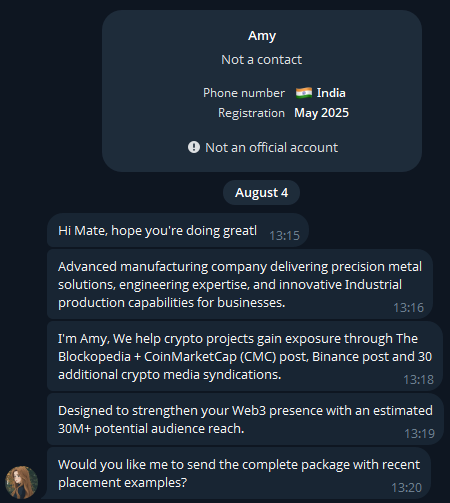 A Telegram chat with a contact named 'Amy' (phone number from India, registered May 2025, marked 'Not an official account') pitching crypto media syndication services, including Blockopedia, CoinMarketCap, and Binance posts.