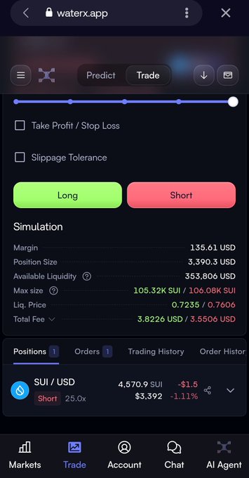 A mobile screenshot of the waterx.app trading interface showing a Trade simulation for SUI/USD with options for Long and Short positions, displaying position sizes and fees.