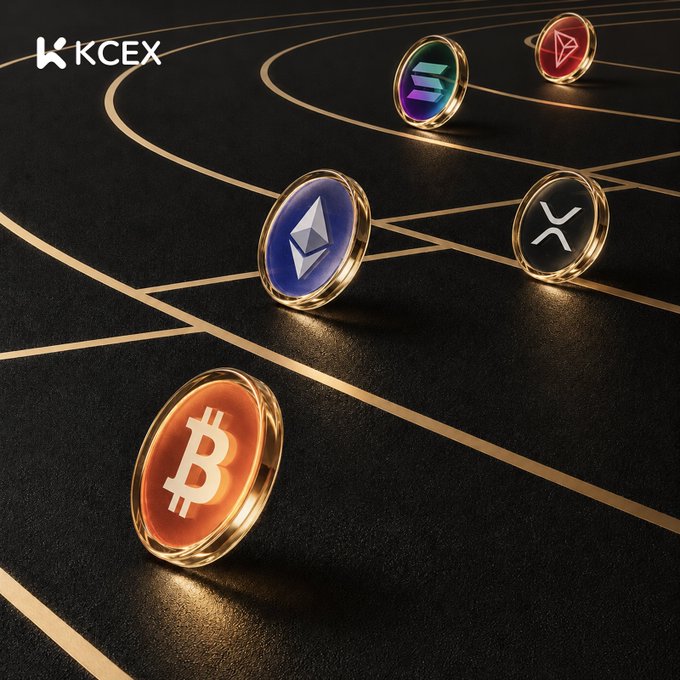 A 3D render shows gold-rimmed cryptocurrency coins featuring Ethereum, Tron, XRP, and Bitcoin logos resting on a dark surface with gold line patterns, with a 'KCEX' watermark in the upper left.