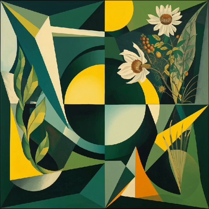 The image features an abstract painting with geometric shapes and patterns, including flowers and leaves. The colors used are predominantly green and yellow, creating a vibrant and lively atmosphere. The composition of the artwork suggests that it may be part of a larger collection or exhibition, as there is no indication of any specific artist or theme.