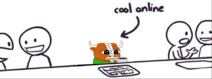 A cartoon scene shows stick figures smiling at a table where a small orange bull mascot sits at a laptop with a speech bubble reading "cool online," connecting to the "Gm." (good morning) greeting commonly shared in crypto/online trading communities to convey a chill, confident bullish vibe.
