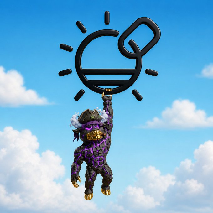 A 3D rendered character with a gorilla-like body wearing a pirate hat and golden accessories hangs from a large, black, sun-shaped icon with a smiley face against a blue sky with clouds.
