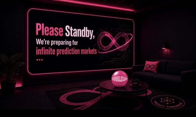 Promotional graphic with neon pink/purple styling reading 'Please Standby, We're preparing for infinite prediction markets' with BUBBLEGUM and PREDICT TOMORROW branding and an infinity symbol.