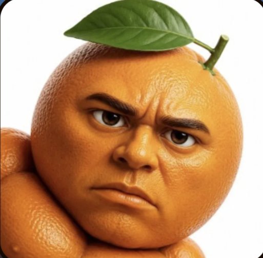 An anthropomorphic orange fruit character with a human face, frowning angrily with furrowed brows.