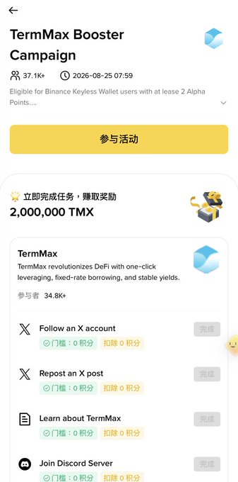 A mobile screen for the 'TermMax Booster Campaign' on what appears to be Binance Wallet, offering 2,000,000 TMX rewards for tasks like following on X, reposting posts, learning about TermMax, and joining Discord, with 37.1K participants and ending 2026-08-25.