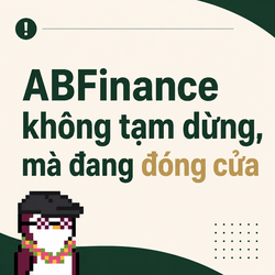 A Vietnamese-language graphic for ABFinance stating "ABFinance không tạm dừng, mà đang đóng cửa" (ABFinance is not pausing, but is closing), featuring a pixel art character in the bottom left.