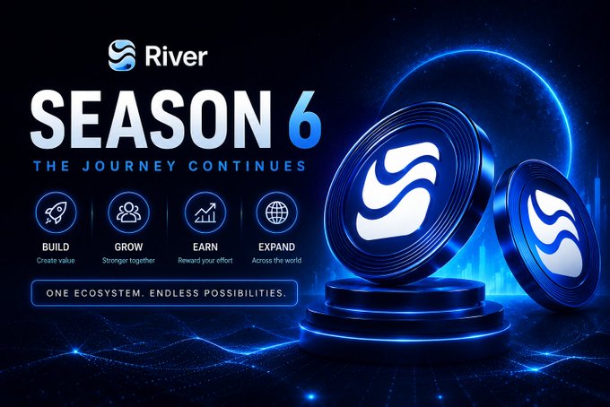 A promotional graphic for 'River SEASON 6 - THE JOURNEY CONTINUES' featuring the River logo, coin imagery, and four icons labeled BUILD, GROW, EARN, and EXPAND, with the tagline 'ONE ECOSYSTEM. ENDLESS POSSIBILITIES.'