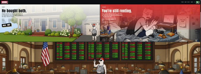 The image showcases two sections of a website featuring a pixel-art style character, with the left side reading "He bought both." showing a proud figure outside a house with an American flag, and the right side reading "You're still renting." depicting a disheveled figure surrounded by takeout boxes and "BIG SALE!" signs. Below, a stock trading floor scene displays green and red ticker numbers, including "$BOOMER" prominently, referencing the $BOOMER website praised for its creative content about investing and homeownership.