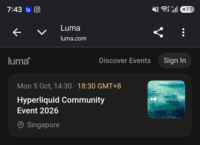 A mobile screenshot of the Luma website (luma.com) showing an event titled 'Hyperliquid Community Event 2026' scheduled for Mon 5 Oct, 14:30 - 18:30 GMT+8 in Singapore.