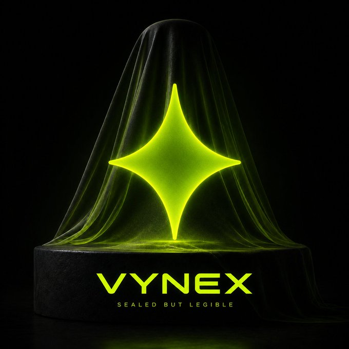 A dark, mysterious logo featuring a glowing neon-green four-pointed star concealed beneath a draped black cloth, with the text 'VYNEX - SEALED BUT LEGIBLE' displayed on a circular pedestal.