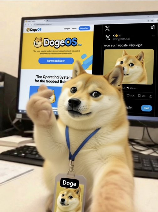 An AI-generated image of a Shiba Inu dog wearing a 'Doge' lanyard sitting at a desk with a computer displaying the DogeOS website and a Twitter post by @DogeOfficial.