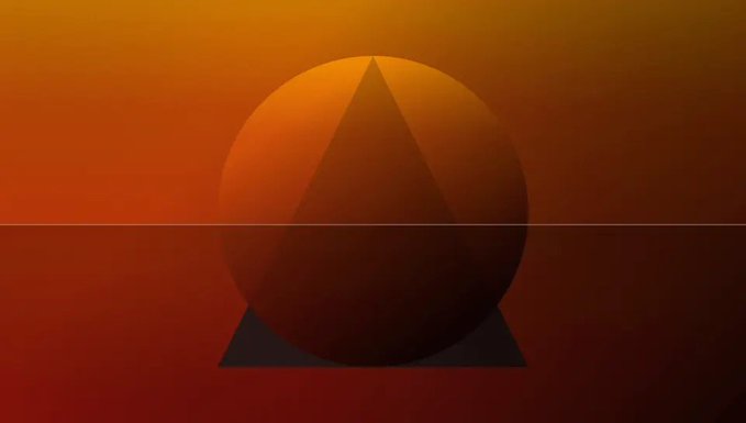 A minimalist graphic of a circle and triangle forming a shadow against an orange and red gradient background.