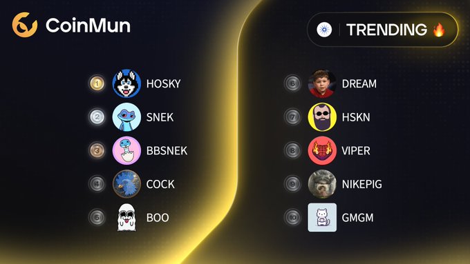 The image shows a computer screen with a list of popular social media platforms, including CoinMun, HOSKY, SNEK, BBSNEK, COCK, BOOO, DREAM, HSKN, VIPER, COCKCOINIO, and GmCatIO. The post is titled "Trending" and has a rating of 4.0 out of 5 stars.