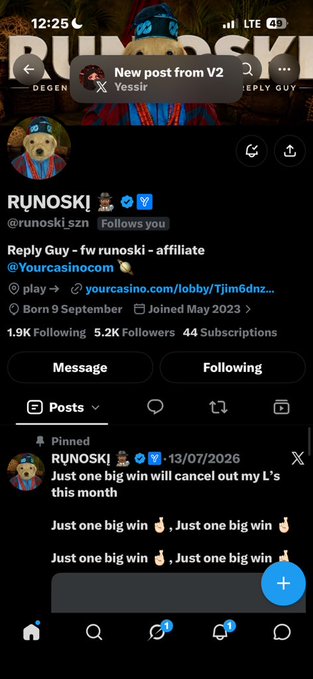 Twitter/X profile page for user @runoski.szn (display name RUNOSKI), bio reads 'Reply Guy - fw runoski - affiliate @Yourcasino.com', with a pinned post from 13/07/2026 about canceling out losses with a big win.