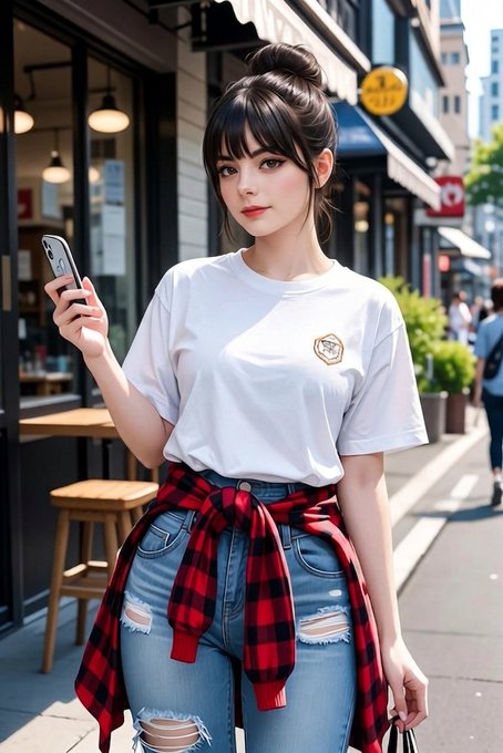 A digital illustration depicts a young woman with a bun, wearing a white t-shirt and ripped jeans with a red plaid shirt tied at her waist, holding a smartphone on a city street.