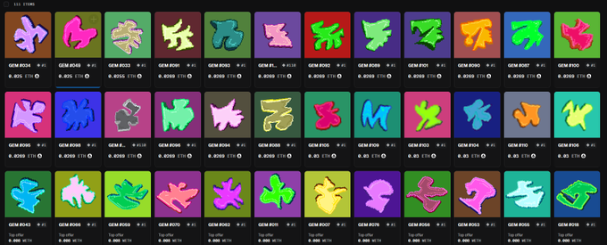 A grid displays dozens of colorful abstract 'GEM' icons labeled '#001' through '#083' against a black background, each in a distinct neon color.