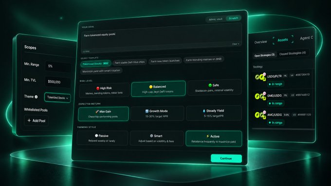 A dark-themed interface with green accents showing various configuration options including risk levels (High Risk, Balanced, Safe), expected returns (Max Gain, Growth Mode, Steady Yield), and farming styles (Passive, Smart, Active).