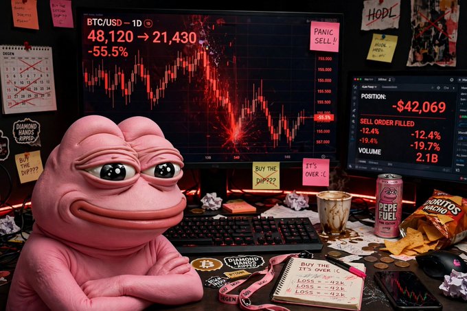 A Pepe the Frog figurine sitting at a desk in front of computer monitors showing a crashing BTC/USD chart (-55.5%, 48,120 → 21,430), surrounded by crypto-themed items, panic sticky notes reading 'PANIC SELL!', 'BUY THE DIP??', and 'IT'S OVER :C', along with Doritos Nachos and an energy drink.