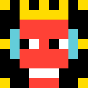 A pixel art character with a red body, yellow crown-like feature on top, cyan headphones, and small eyes in a minimalist retro video game style.